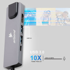 Arizone® USB HUB T-3602 (5 in 1) 1*USB 3.0/1*USB 2.0/HDMI/RJ45/USB-C PD 100Mbps