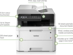 Brother MFC-L3750CDW Colour Laser Printer - All-in-One, Wireless/USB 2.0, Printer/Scanner/Copier/Fax Machine, 2 Sided Printing, 24PPM, A4 Printer, Small Office/Home Office Printer