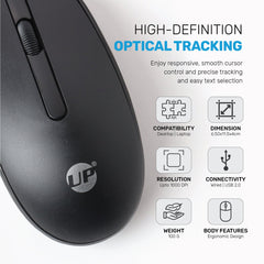 UP M10 Wired, USB Optical Mouse, Black